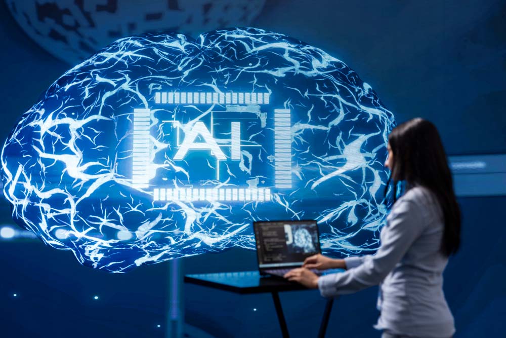 Researcher with AI brain concept on screen
